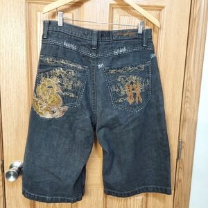 Brooklyn Xpress BX70 Mens Dark Wash Denim Shorts Dragon Baggy Y2K 36 (35 actual)